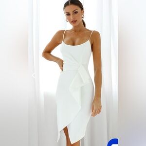 SELFIE LESLIE TESLA CAMI STRAP ASYMMETRICAL KNEE LENGTH DRESS WHITE